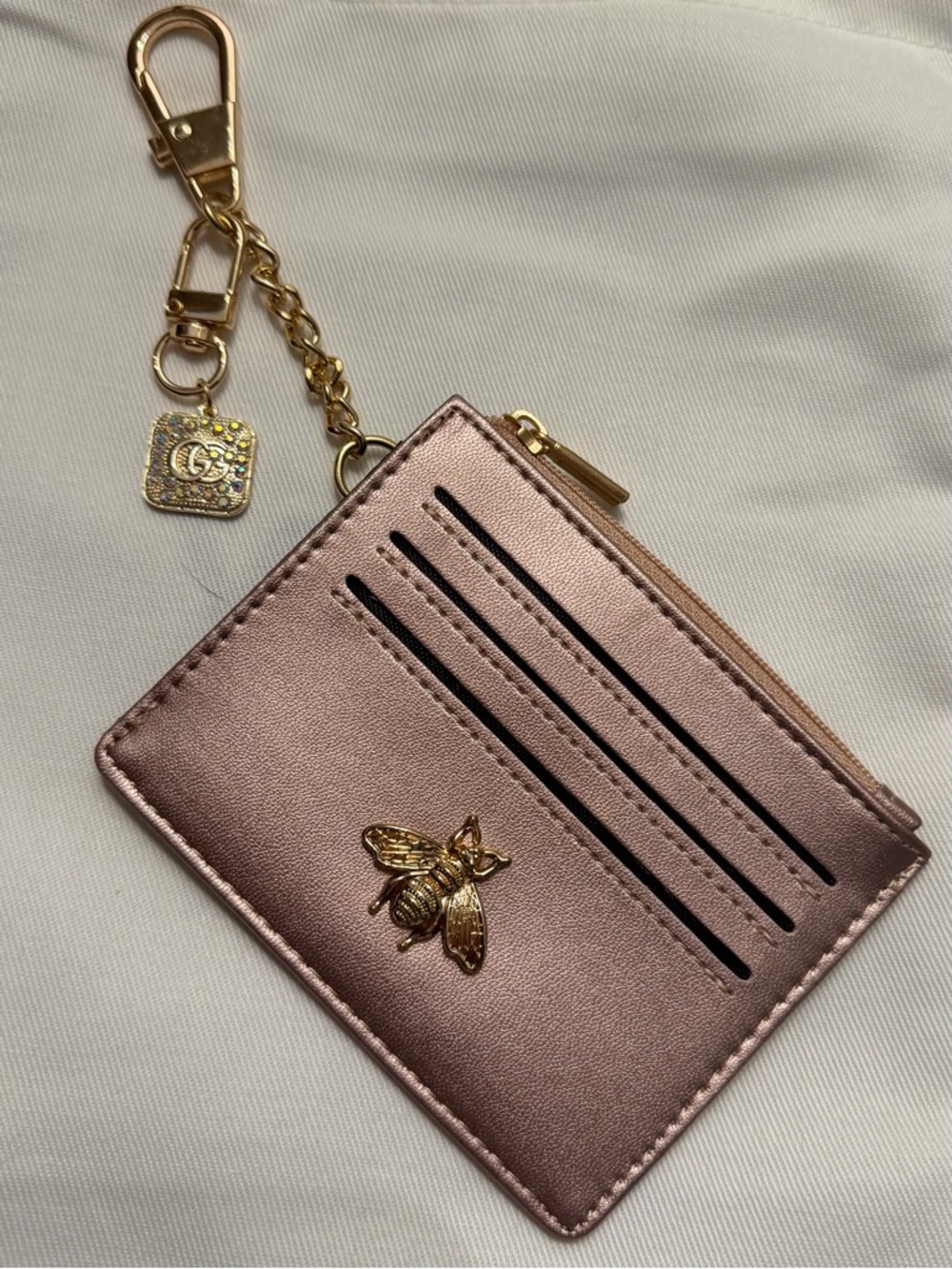 Metallic Rose Gold Card Holder Keychain with Bee Accent